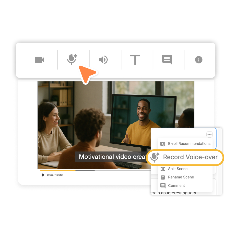 Record your own narration directly inside Visla’s scene editor for your slide narration video.